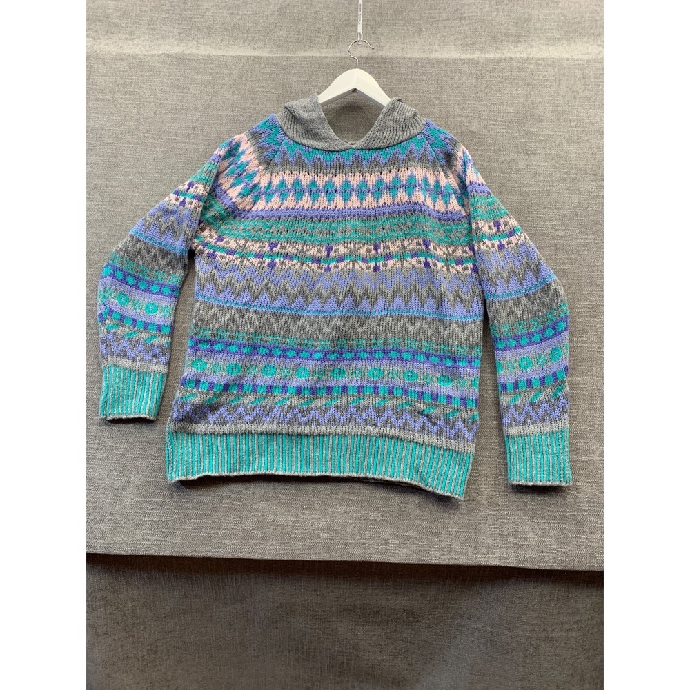 Vintage Womens Hoodie Large Multicolor Fair Isle Tight Knit Ribbed Raglan Sleeve